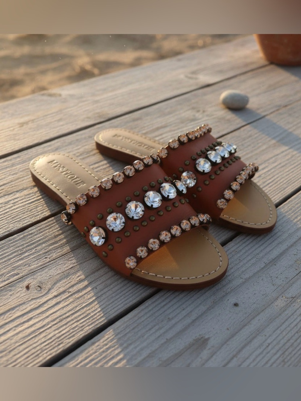 Mystique Boutique Brown Crystal-Embellished Slide Sandals